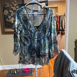 Jordache Sheer Paisley Blouse in Blue and Green